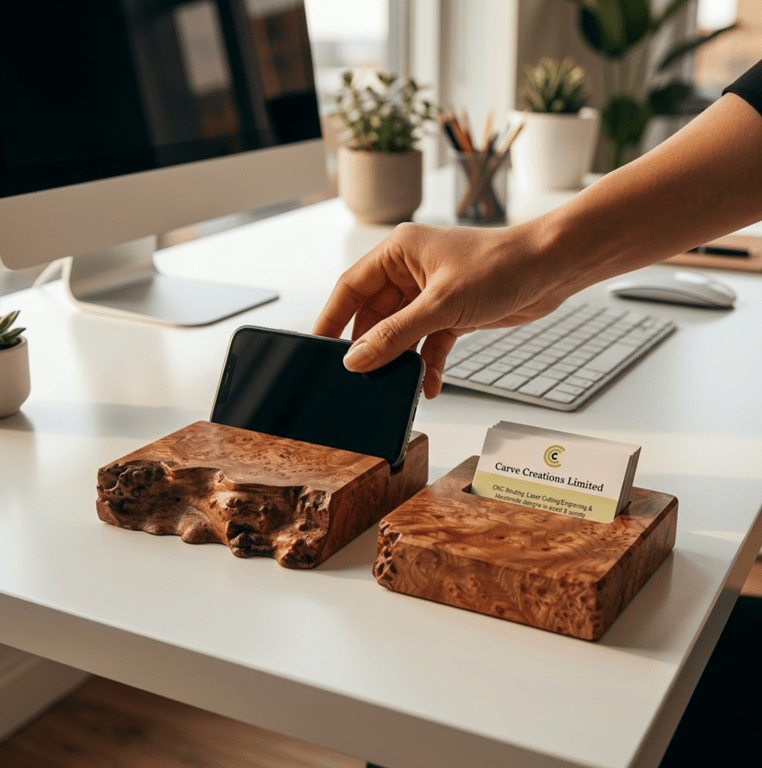 Wood Business Card Holder and Phone Holder in Solid Elm Burl