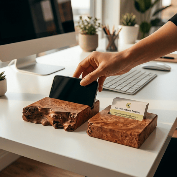 Wood Business Card Holder and Phone Holder in Solid Elm Burl