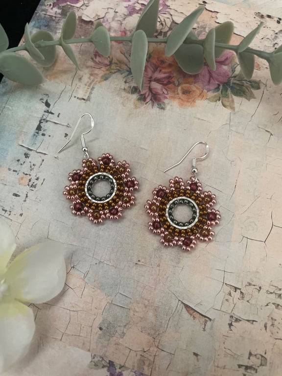 Handmade Beaded Flower Earrings, Boho Floral Circle dangle earrings, teen gift 