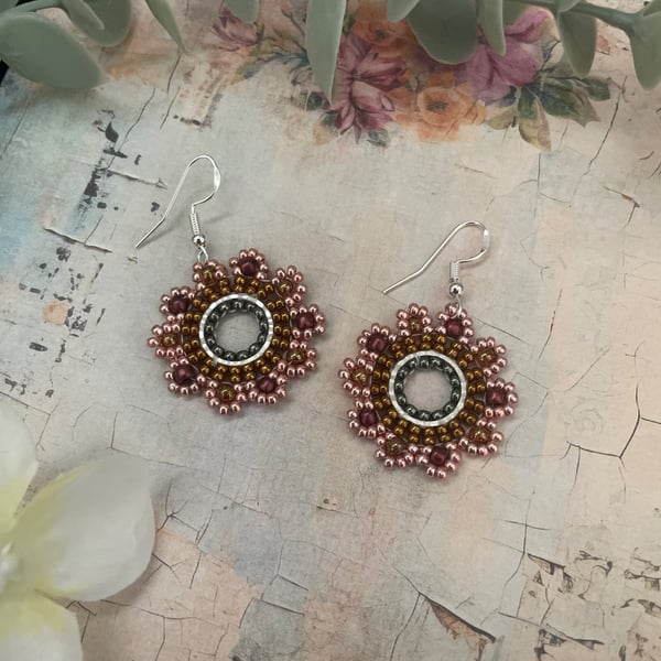 Handmade Beaded Flower Earrings, Boho Floral Circle dangle earrings, teen gift 