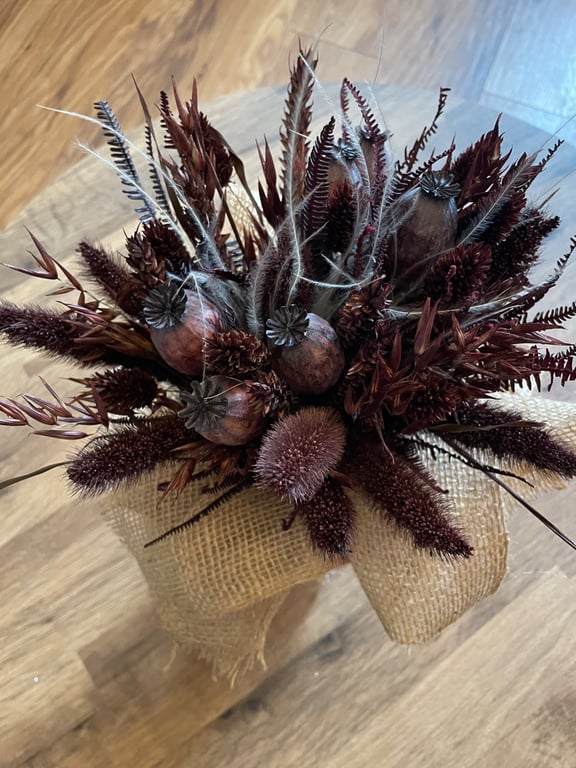 Dried Flower Bouquet Burgundy Boho Rustic Arrangement Poppy Seed Heads & Bun