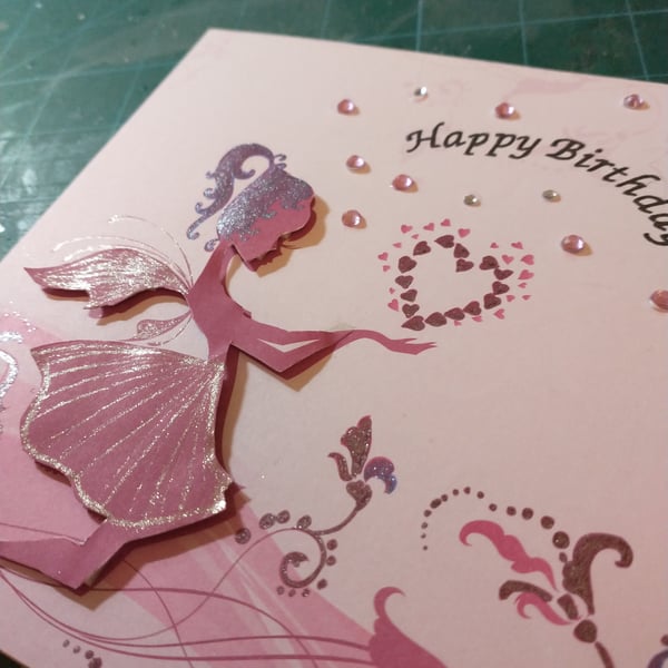 Pink heart fairy birthday card