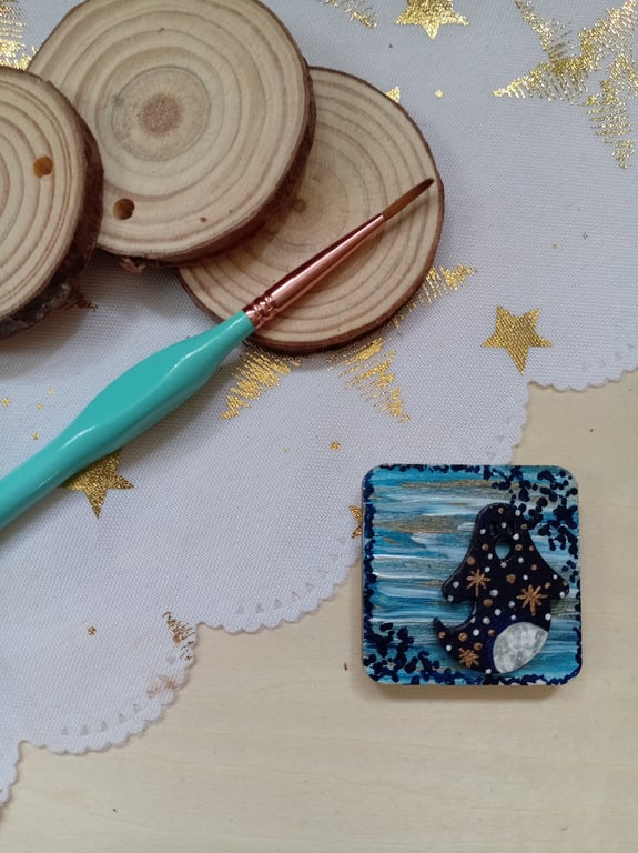 Wooden square shaped celestial ghost fridge magnet