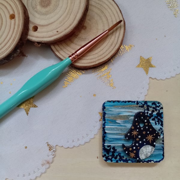 Wooden square shaped celestial ghost fridge magnet