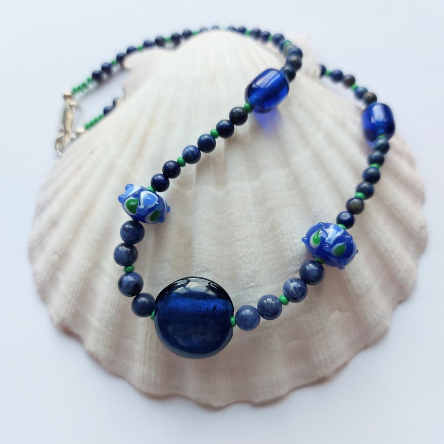 Blue and green beaded necklace with sodalite, glass beads and sterling silver.