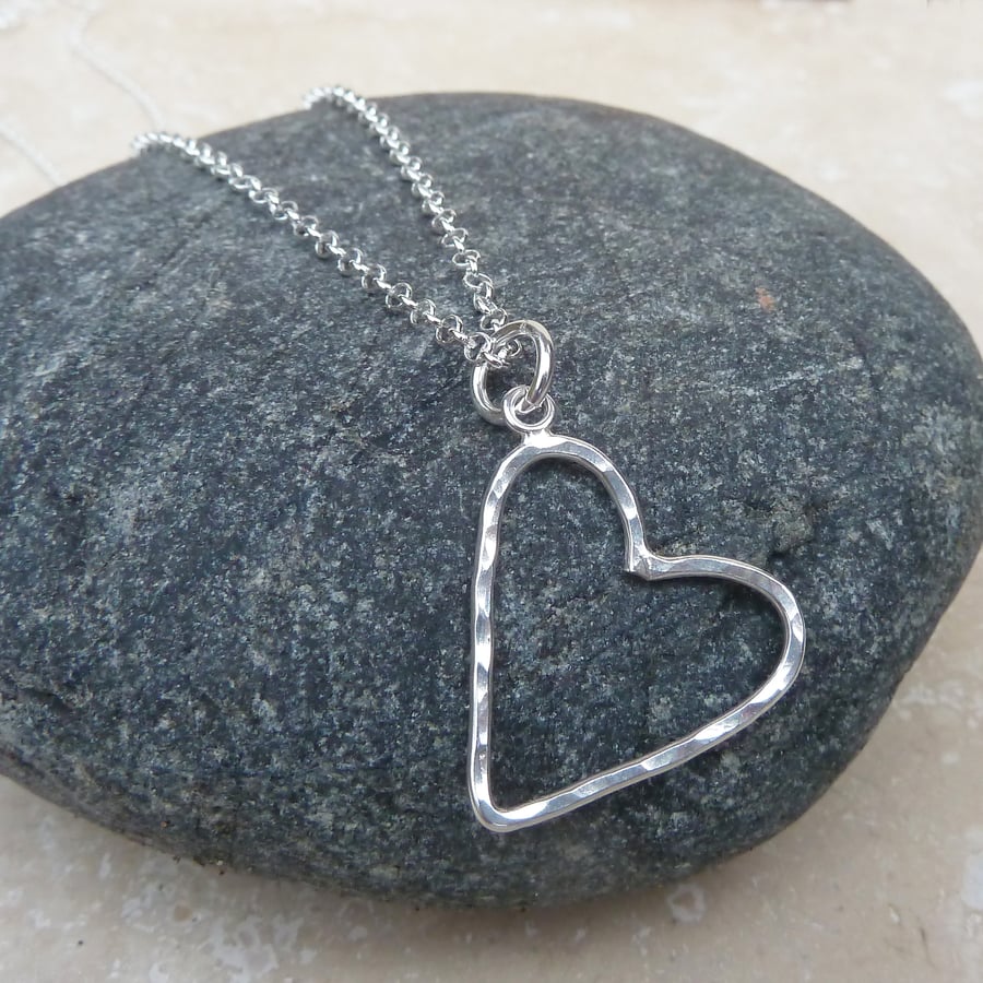 Sterling Silver Hammered Heart Pendant Necklace - PEN016