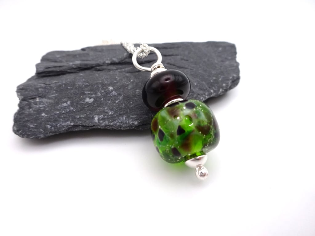 green and purple lampwork glass pendant necklace