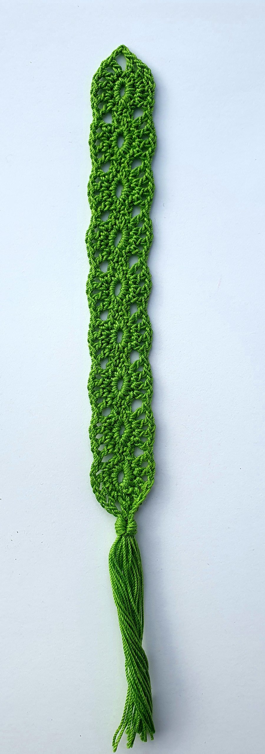 Crocheted lace bookmark, light green.