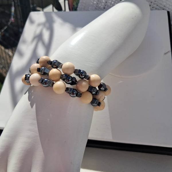 Beige Bead and Black Haematite Memory Wire Bracelet