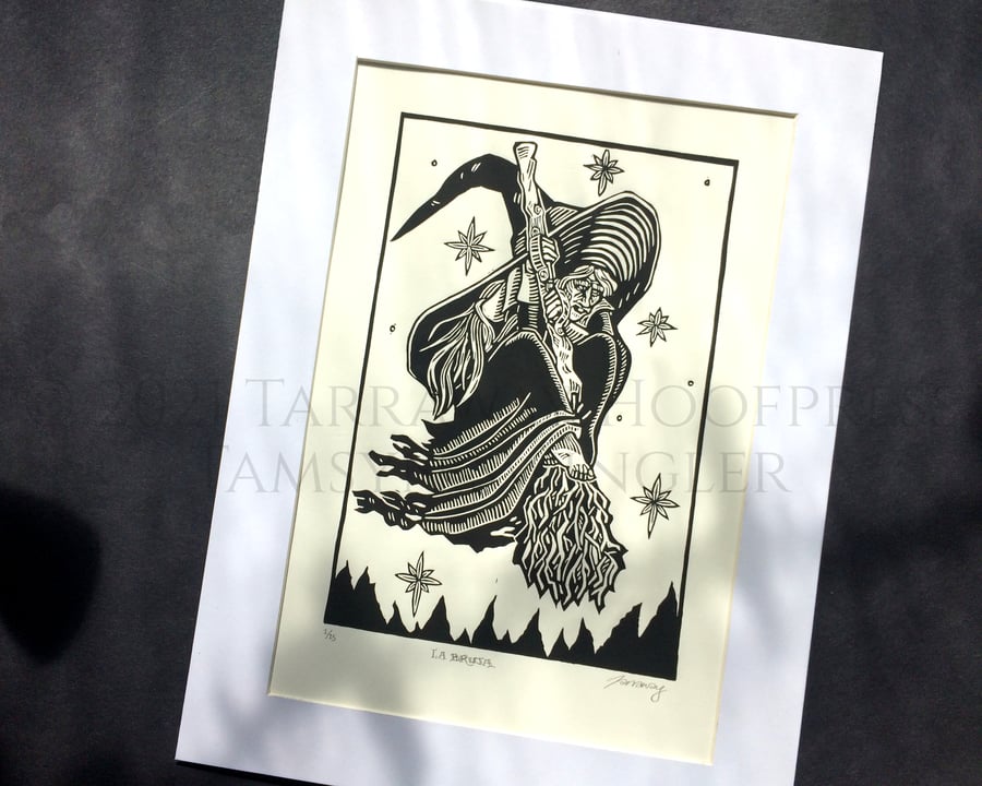 La Bruja (in Black and White) - Limited Edition - Witch Linoprint