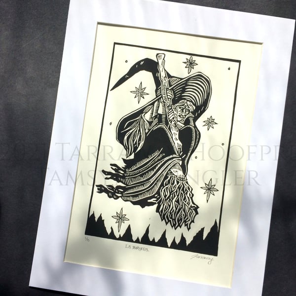 La Bruja (in Black and White) - Limited Edition - Witch Linoprint