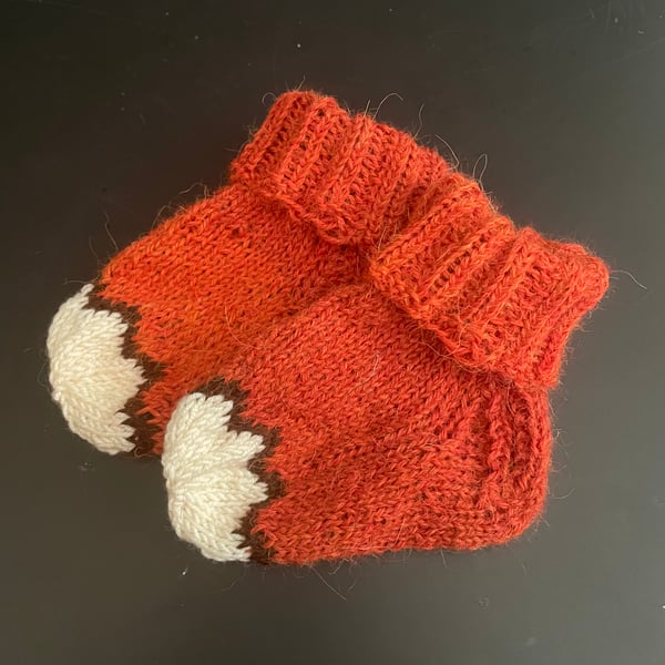 Hank knit baby socks alpaca merino wool orange fox foxy foot