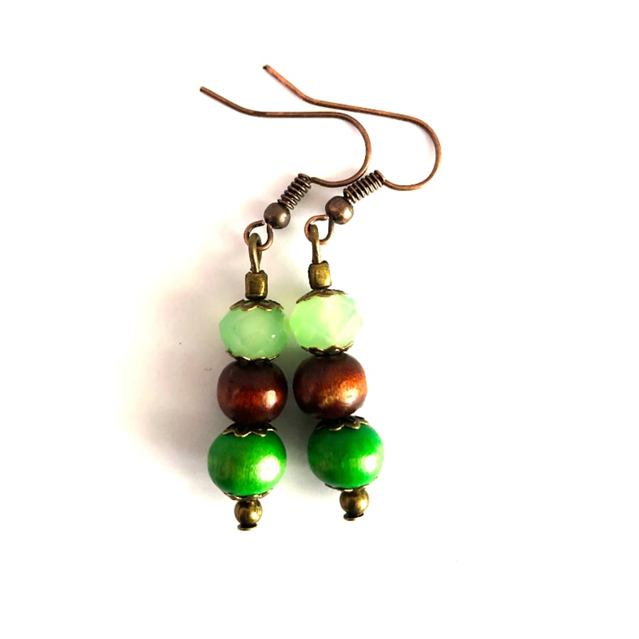 Green Brown Wood Glass Dangle Drop Earrings