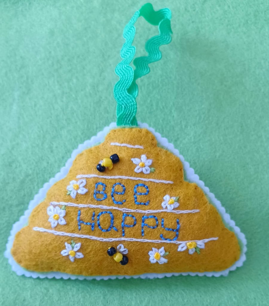 Bee Happy Felt Embroidered Bee Hive Hanging