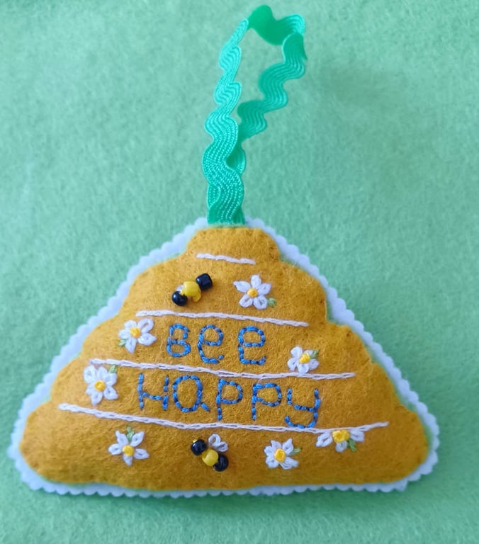 Bee Happy Felt Embroidered Bee Hive Hanging
