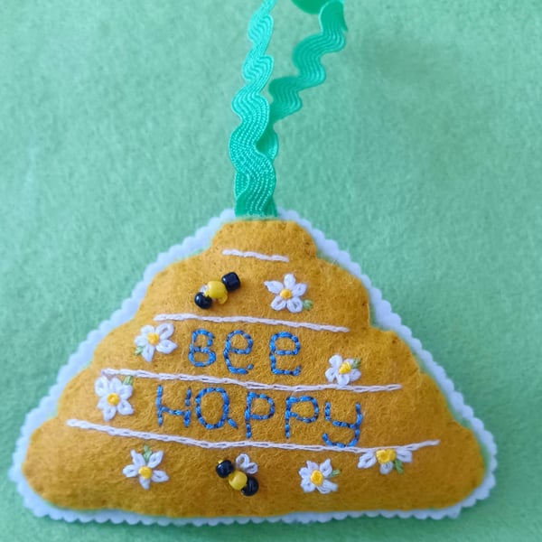Bee Happy Felt Embroidered Bee Hive Hanging