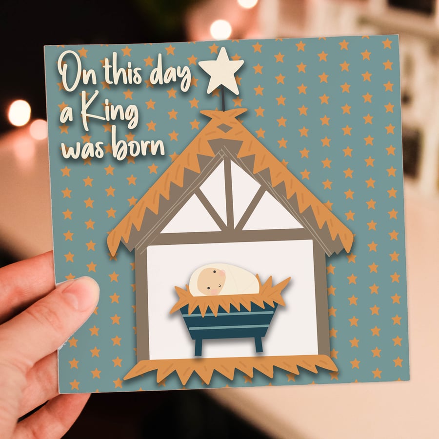 Nativity Baby Jesus Christmas, holidays card: On this day a King was born