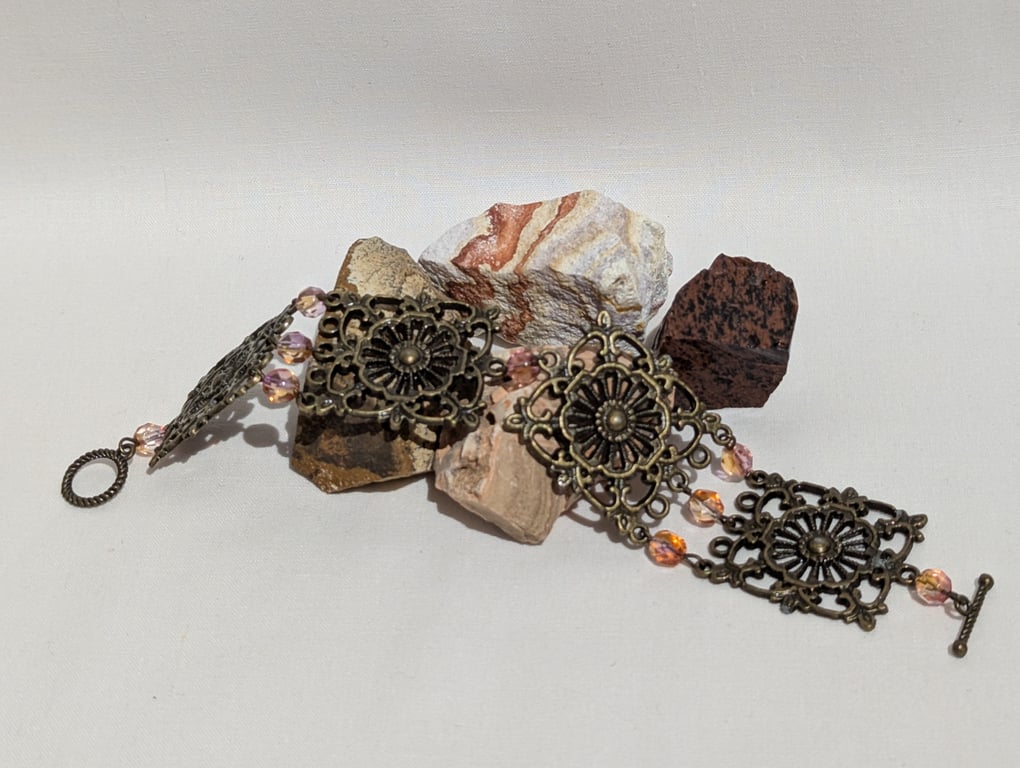 Antique Brass and Fauceted Crystal Bracelet