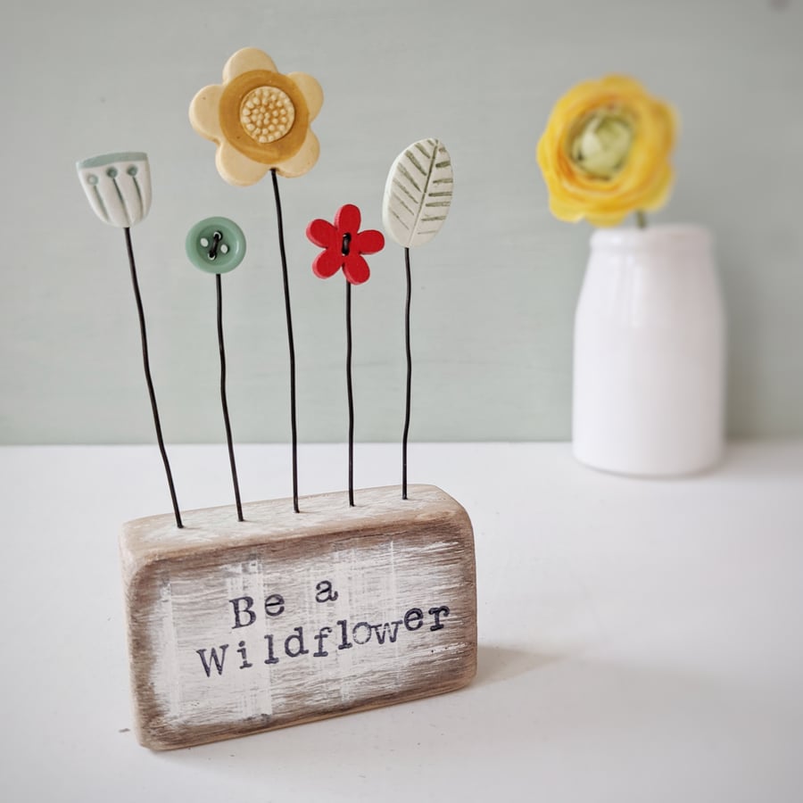 Clay and Button Flower Garden in a Wood Block 'Be a Wildflower'