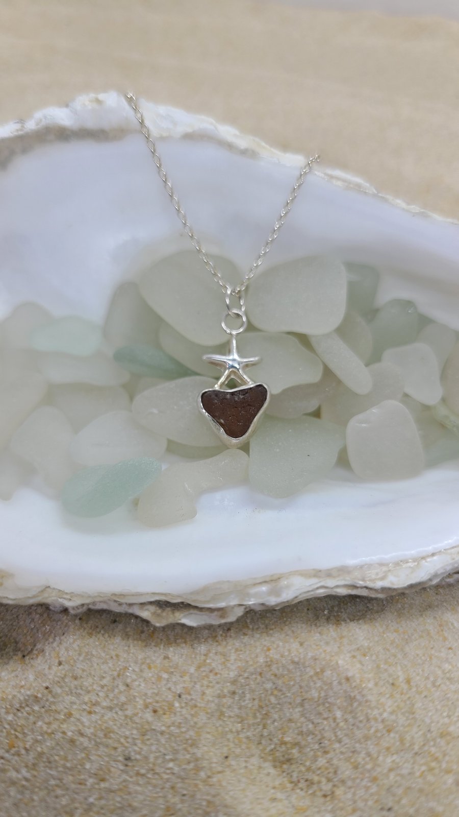 Heart amber sea glass and silver starfish pendant gift for her P32