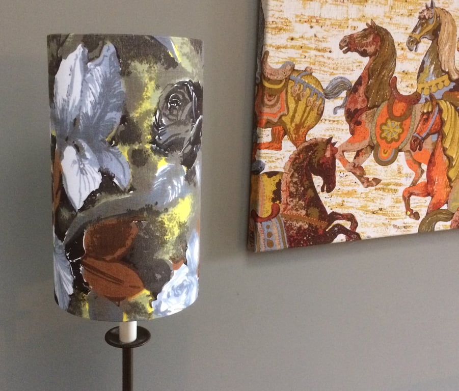 50s Painterly Black Roses and White Irises Vintage Fabric Lampshade option 