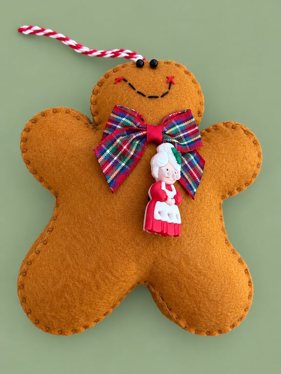 Handmade Felt Gingerbread Christmas Decoration – Tartan Bow & Mrs Claus Cha