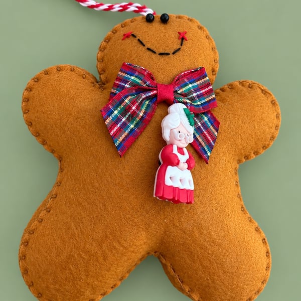 Handmade Felt Gingerbread Christmas Decoration – Tartan Bow & Mrs Claus Cha