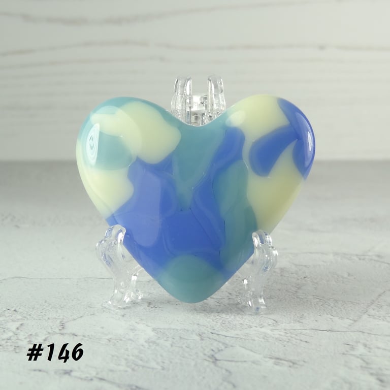 Fused glass blue and cream heart pocket hug with stand 5x4.5cm handcrafted (146)