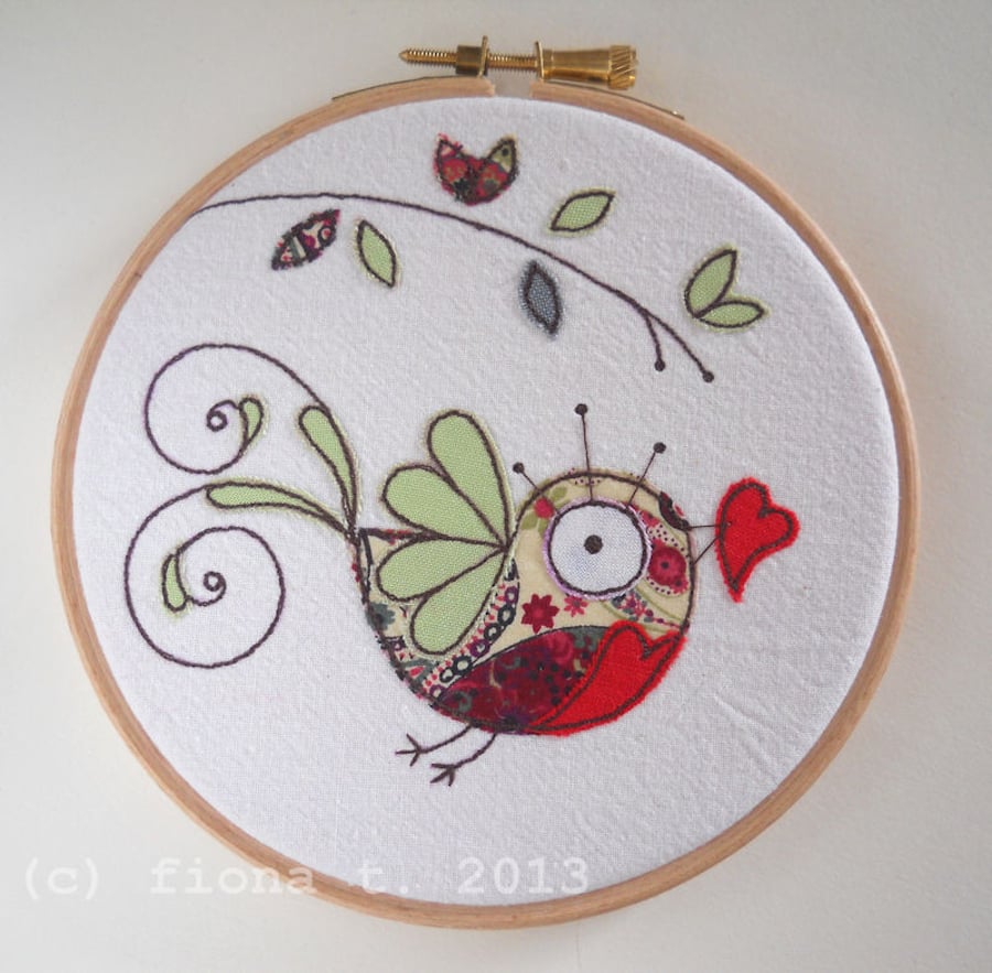 embroidered bird hoop - valentine's day