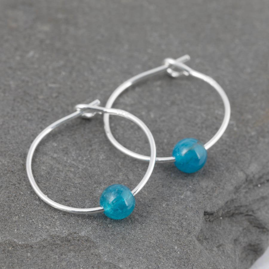 Boho Tiny Ocean Blue Apatite Gemstone & 15mm Sterling Silver Hoop Earrings