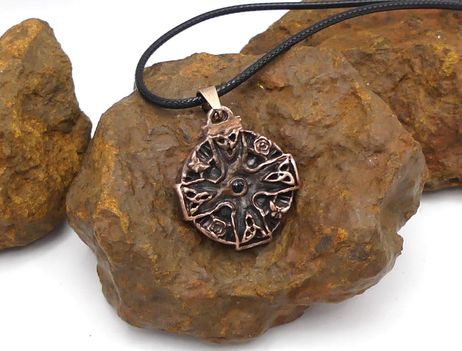 Copper Celtic Cross Triquetra Flowers Butterfly Pendant Black Spinel Necklace.