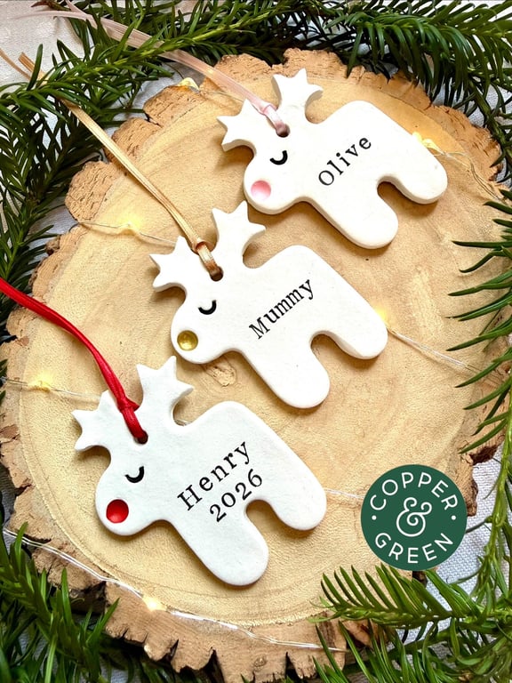 Personalised Reindeer Christmas Tree Ornament - Handmade Clay Rudolph Bauble