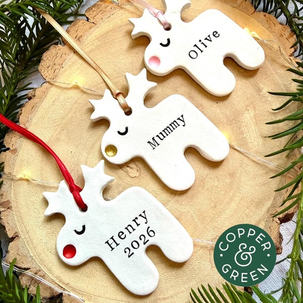 Personalised Reindeer Christmas Tree Ornament - Handmade Clay Rudolph Bauble