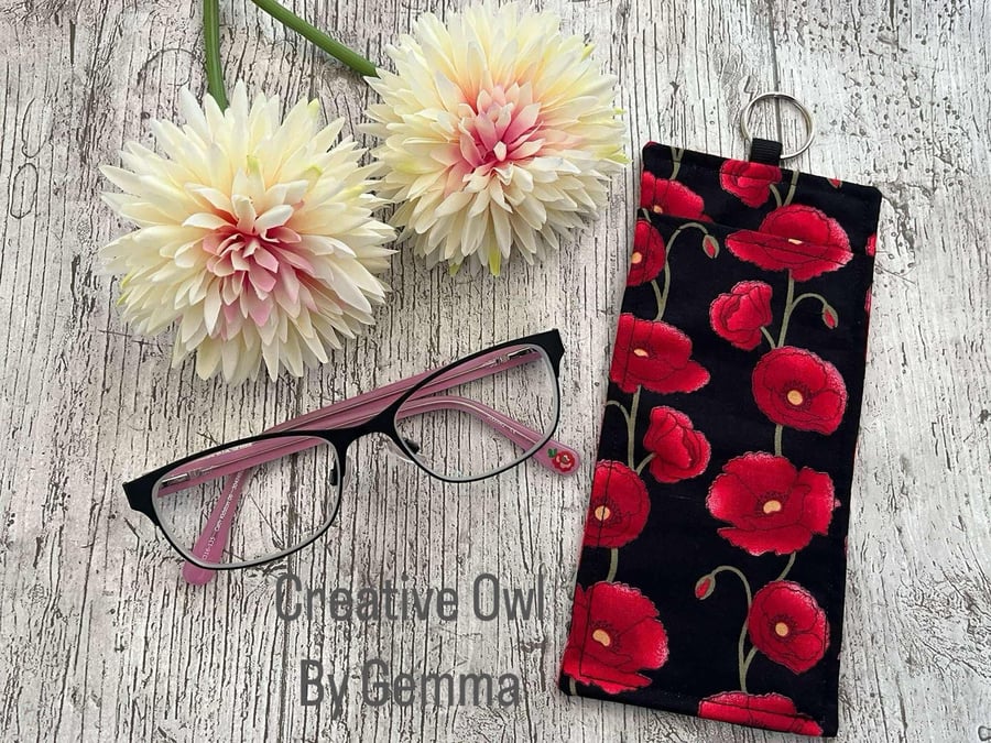 Fabric glasses pouch for lanyards poppy on black design teacher nurse doctor