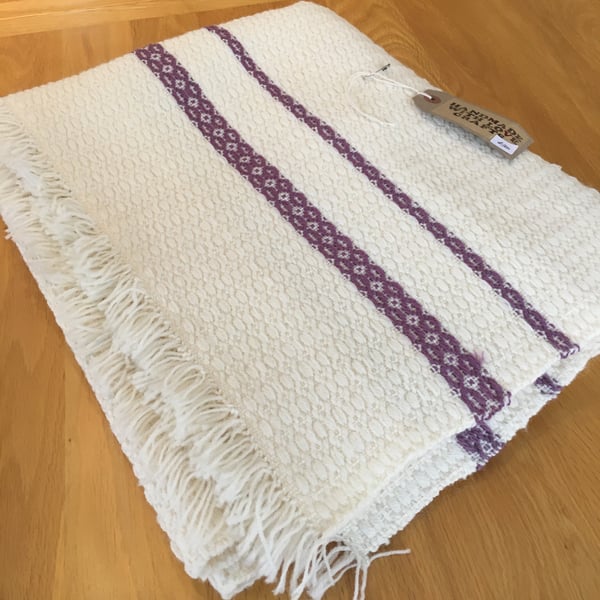 Cream and Purple 100% Wool Throw