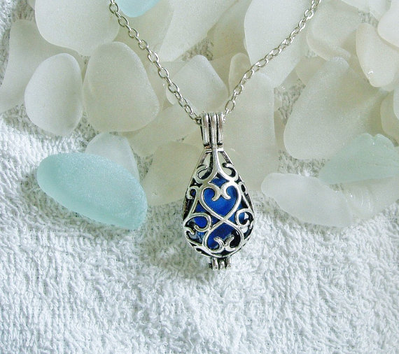 Blue sea glass teardrop locket
