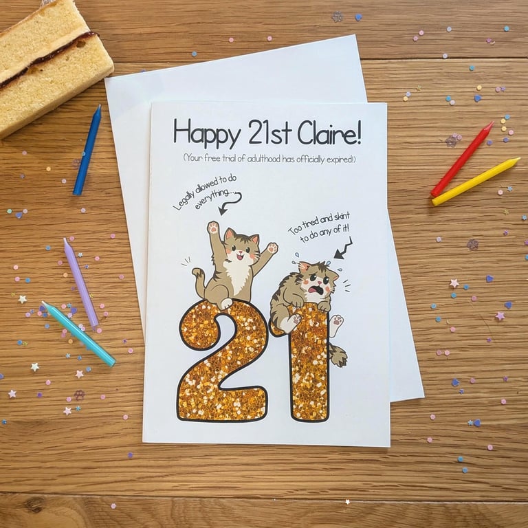 Funny Cat 21st Birthday Card, Glitter Sassy Cat Art (A5) Personalised
