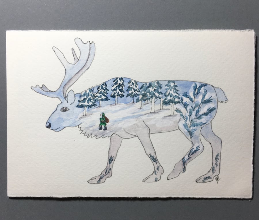 Reindeer card hand painted 