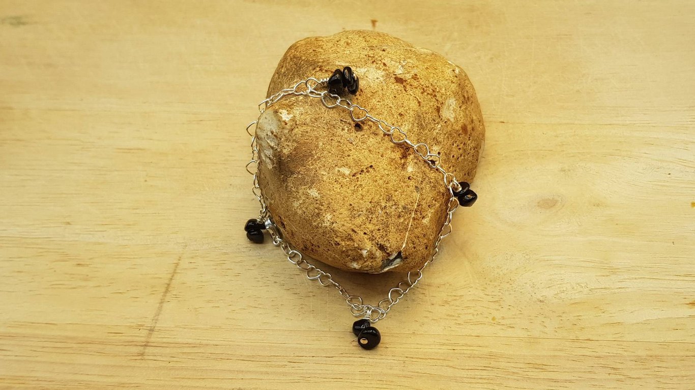 Silver Black tourmaline heart chain bracelet. October birthstone