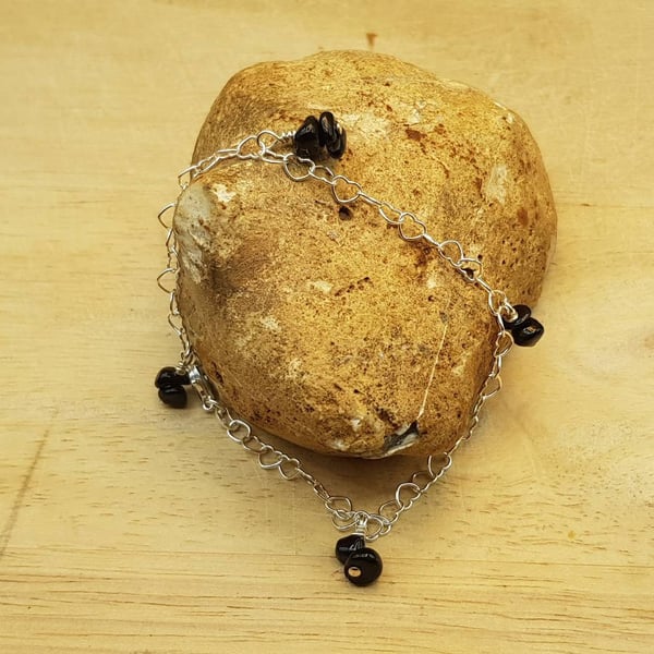 Silver Black tourmaline heart chain bracelet. October birthstone