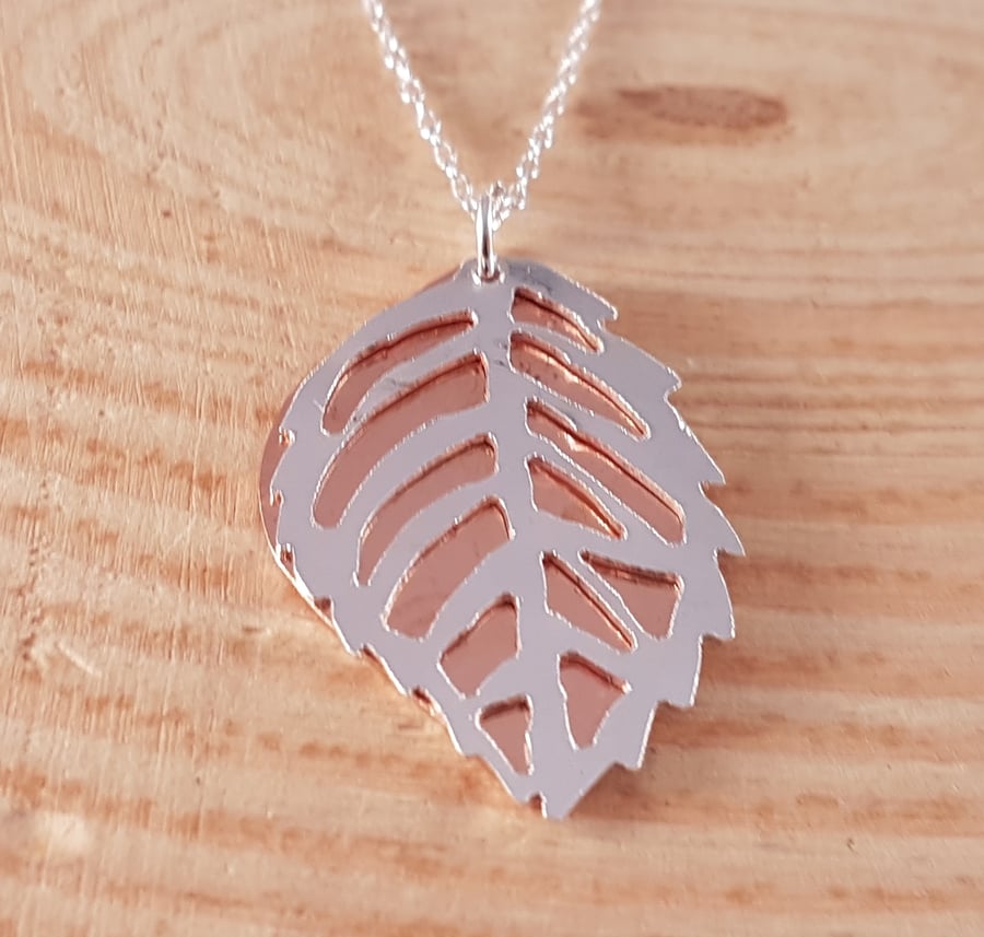 Sterling Silver and Copper Pierced Leaf Necklace