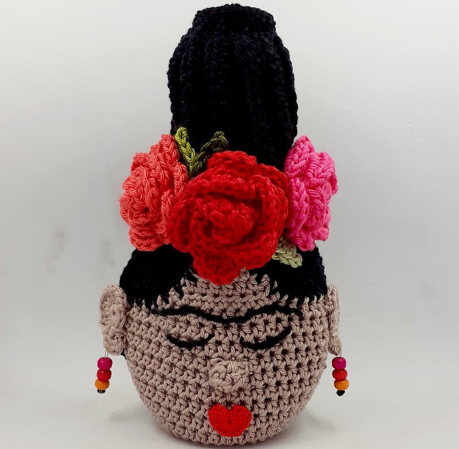 Reserved for Suzie. Crochet Covered  Bottle 'Head Vase'.  Frida Kahlo 