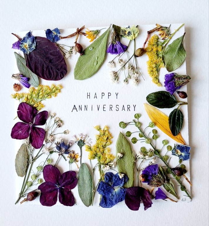 Handmade Happy Anniversary 'Hydrangeas and Foliage' Pressed Flower Greeting Card