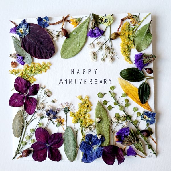 Handmade Happy Anniversary 'Hydrangeas and Foliage' Pressed Flower Greeting Card