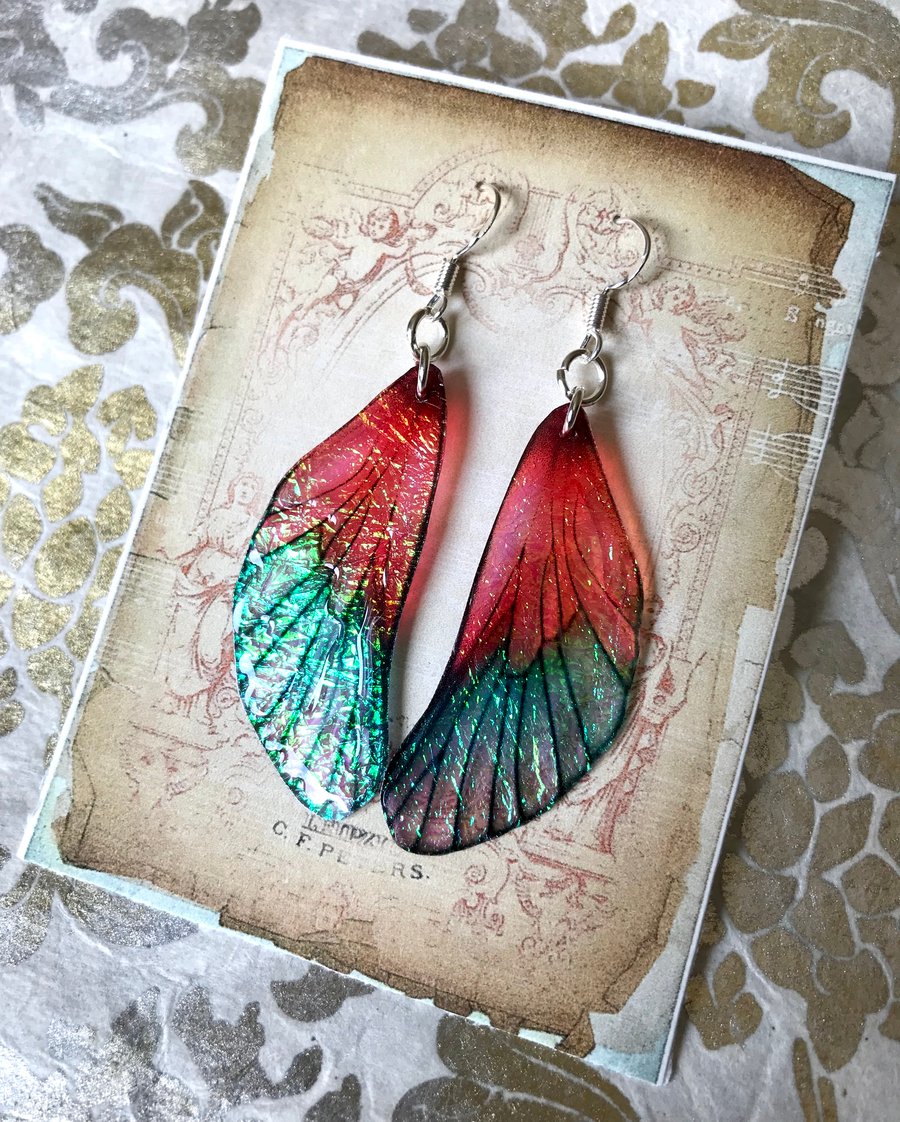 Iridescent Red and Green Fairy Wing Sterling Silver Earrings