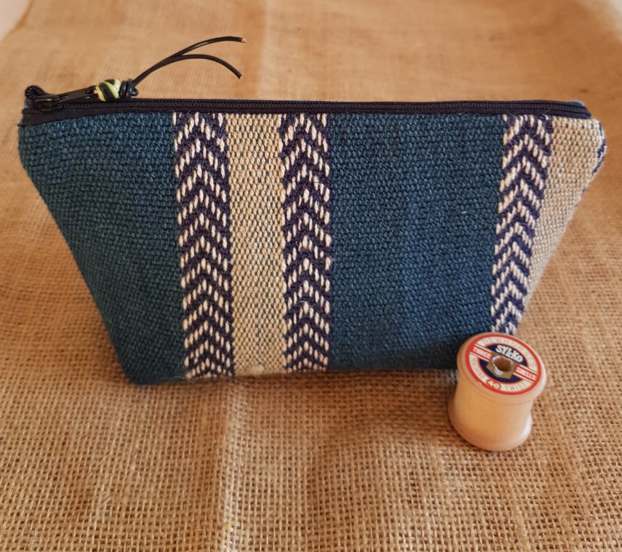 Zipped pouch; striped blue cotton and jute