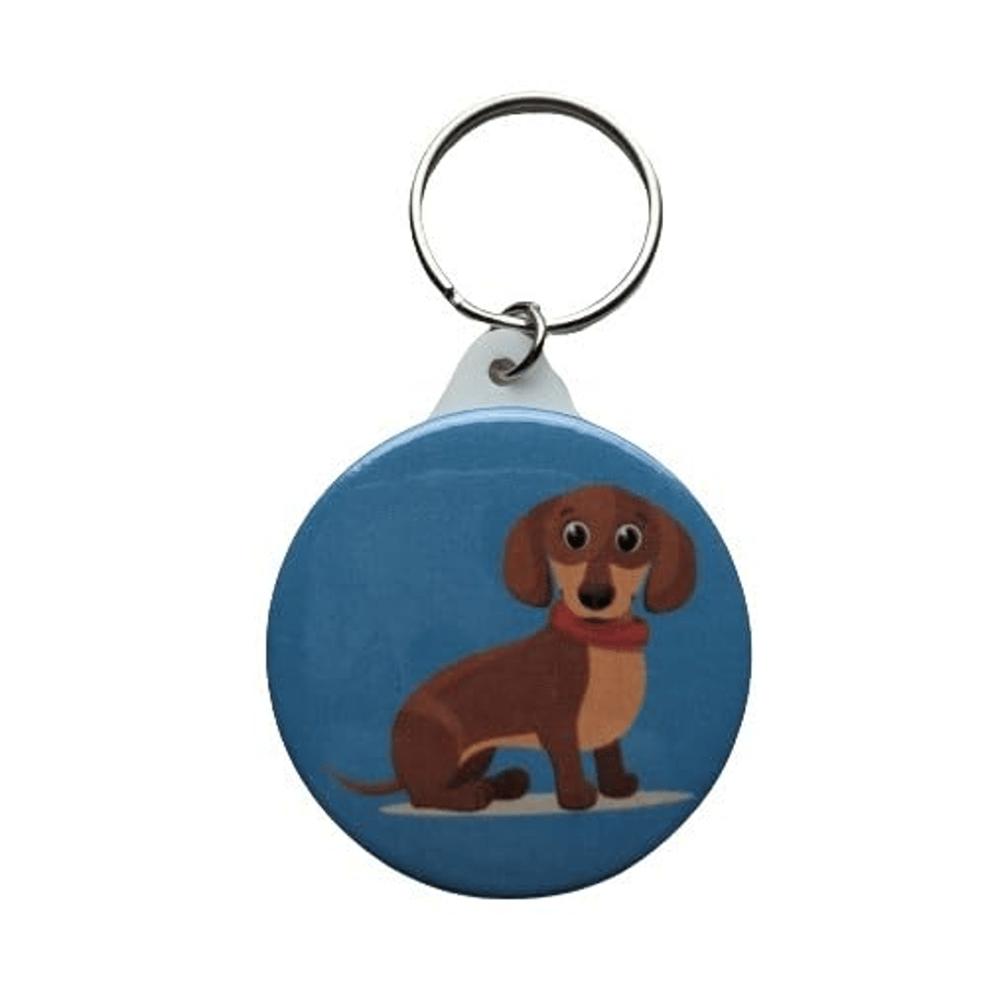 Adorable Brown and Tan Dachshund Keyring on Blue Background