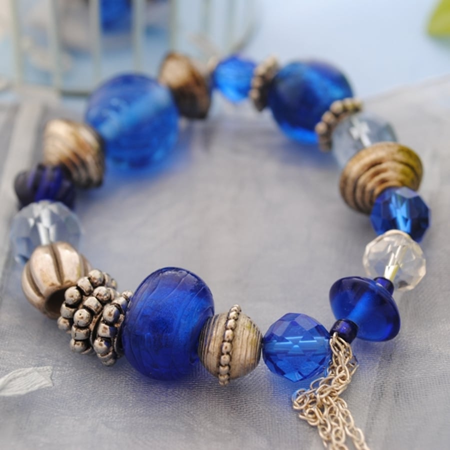 Sale-Capri blue & silver stretch bracelet