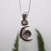 Recycled Sterling Silver Half Moon with Iolite Gemstone Pendant Necklace.