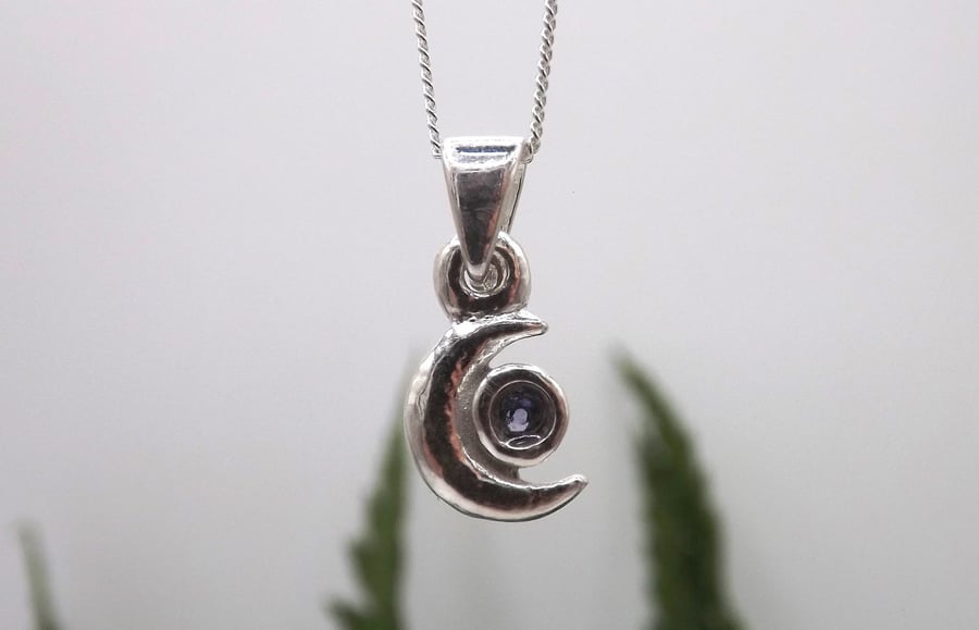 Recycled Sterling Silver Half Moon with Iolite Gemstone Pendant Necklace.